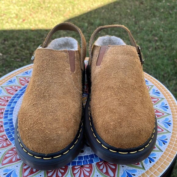 Dr Doc Martens Isham Slingback Mules Mens Sz 11 Faux Shearling Suede Pecan NEW - Picture 2 of 8
